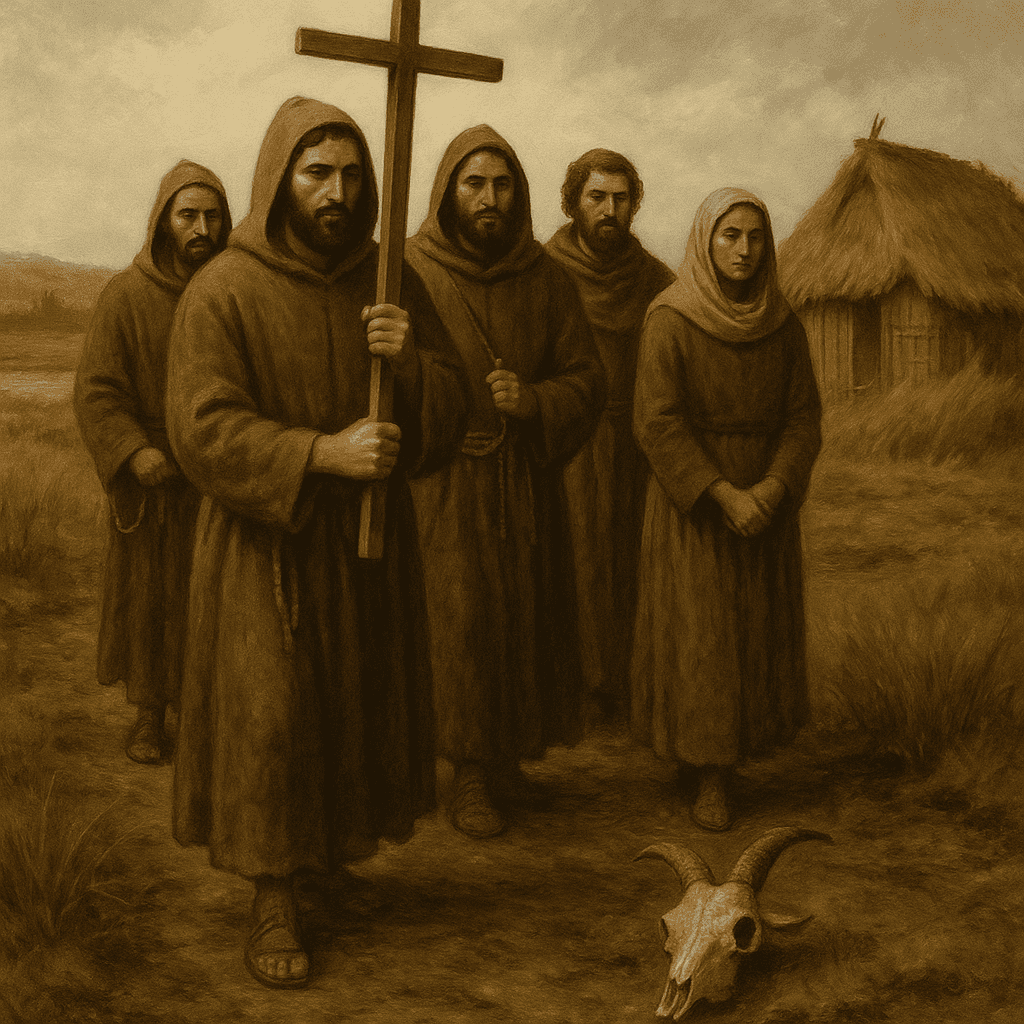 Italiaanse Flagellanten rond 1230 in het moerassige Giethoorn. Drie mannen en één vrouw in eenvoudige kledij, met kruis, rietplaggenhut en geitenschedel op de voorgrond. Italienische Flagellanten um 1230 im Moorgebiet von Giethoorn. Drei Männer und eine Frau in schlichter Kleidung, mit Holzkreuz, strohgedeckter Hütte und Ziegenschädel im Vordergrund. Italian Flagellants around 1230 walking through the peatlands of Giethoorn. Three men and one woman in simple robes, with a wooden cross, a thatched hut, and a goat skull in the foreground.