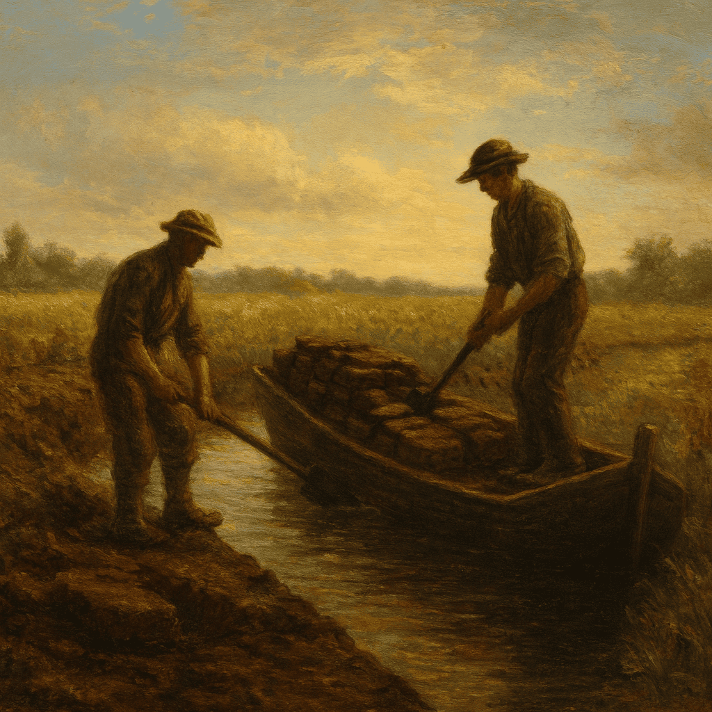 Twee mannen steken turf in het veen bij Giethoorn rond 1800. Eén man werkt in een boot, de ander staat op de kant naast de boot gevuld met gestapelde turven.