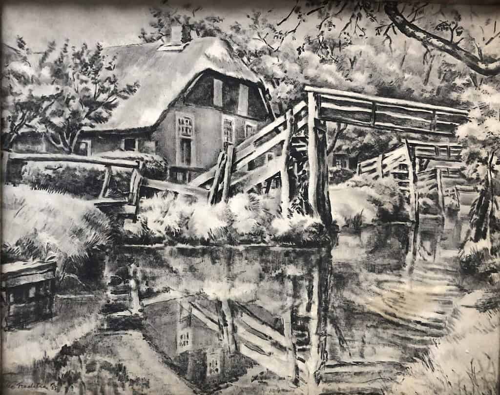 Tekening Jelle Troelstra uit 1935 van boerderij aan dorpsgracht Giethoorn