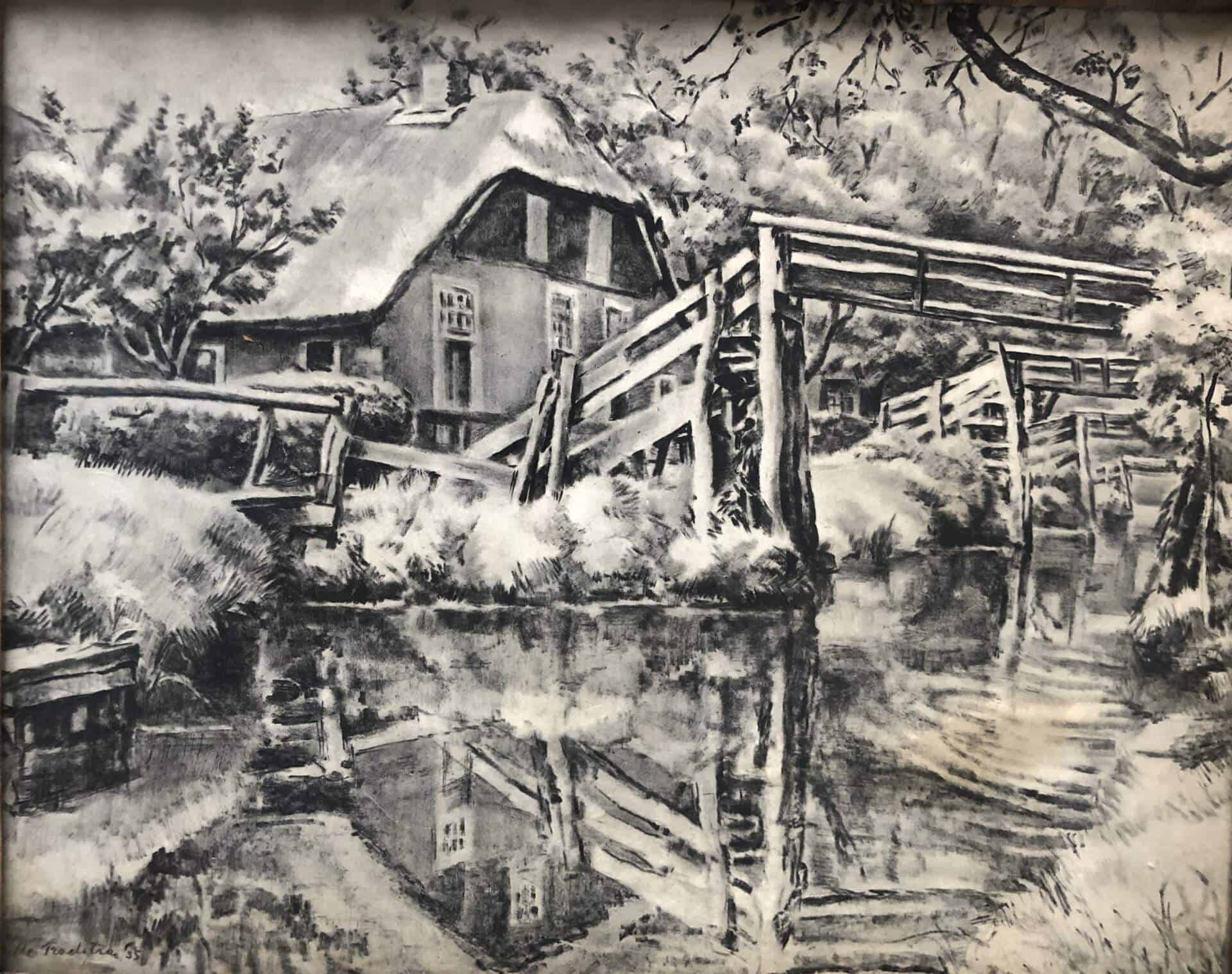 Tekening Jelle Toelstra Giethoorn Tekening Jelle Troelstra uit 1935 van boerderij aan dorpsgracht Giethoorn