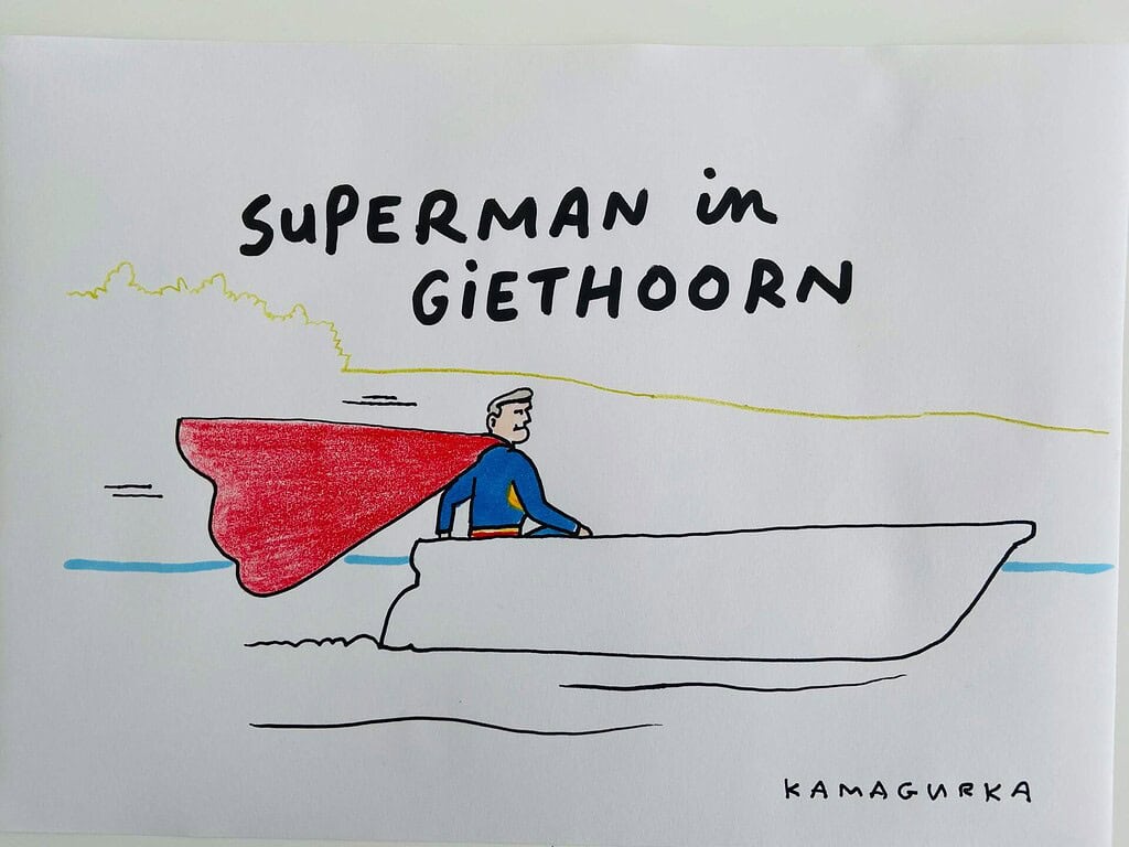 Cartoon van Kamagurka "Superman in Giethoorn'