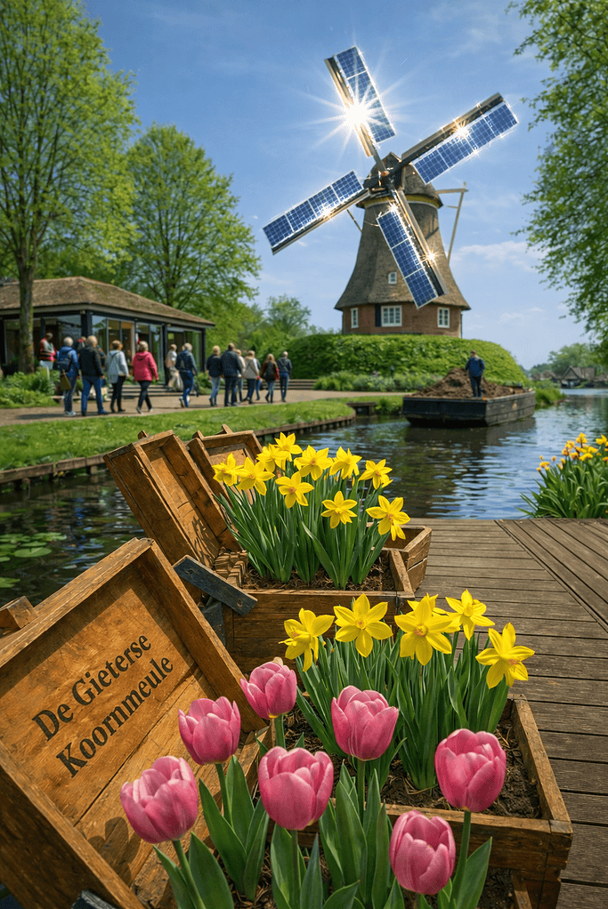 Rietgedekte korenmolen De Gieterse Koornmeule in Giethoorn met zonnepanelen op de wieken